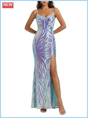 Spaghetti Strap Sequin Mermaid Formal Maxi Dress Lace Up Back Prom Gown
